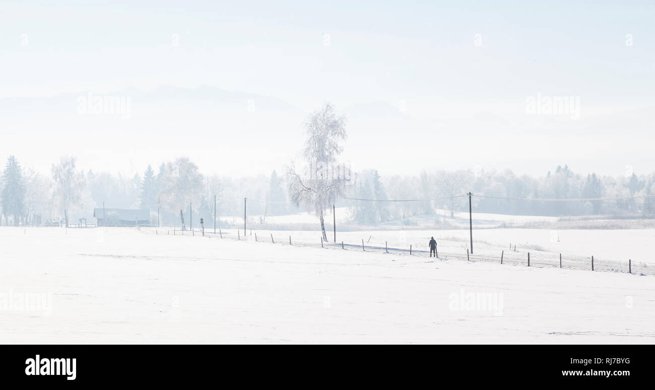 Ein einsamer Wanderer in verschneiter Landschaft, Foto Stock