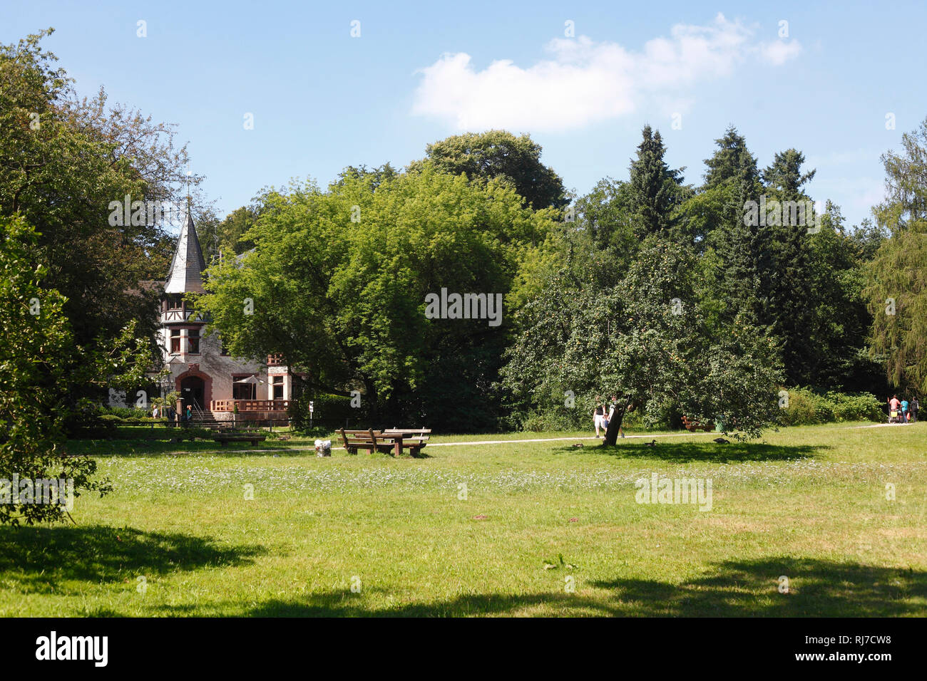 Wiese mit Ausflugslokal Oberwaldhaus beim Steinbrücker Teich, Darmstadt, Assia, Deutschland, Europa Foto Stock