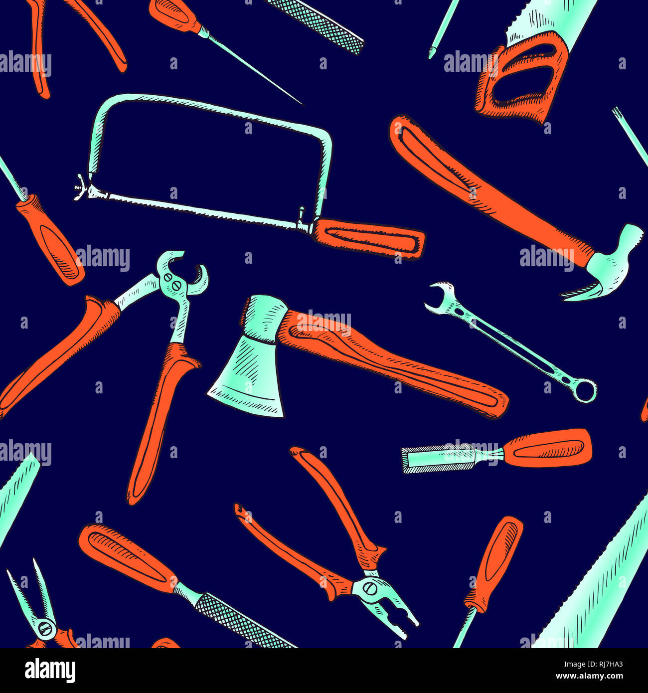Handsaw, affrontando sega, scalpello bradawl, martello, file, cacciavite, chiave, pinze e ax, seamless pattern design, disegnati a mano doodle, schizzo in pop art Foto Stock