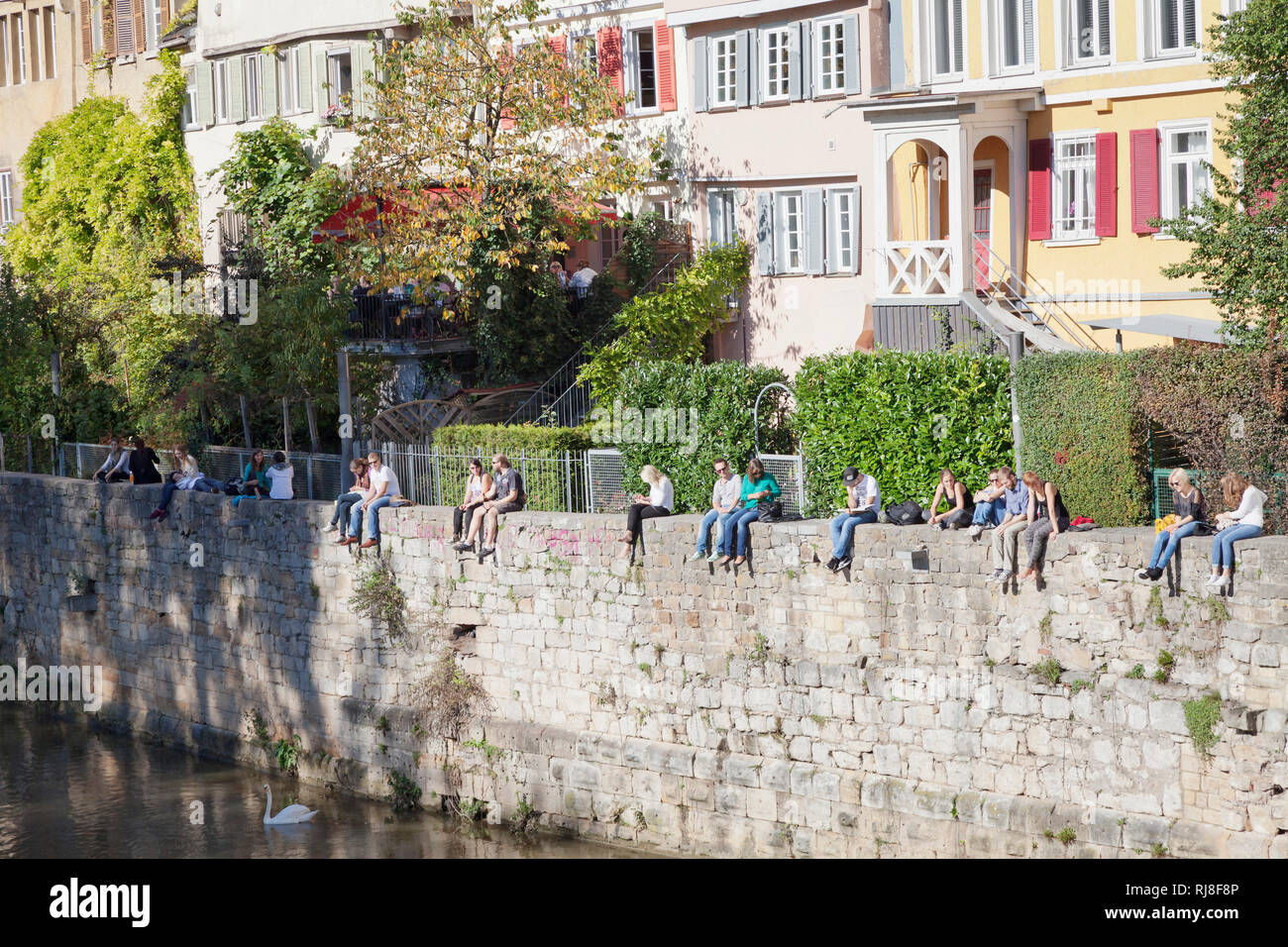 Menschen sitzen am Neckar und genießen die Sonne, Tübingen, Baden-Württemberg, Deutschland Foto Stock