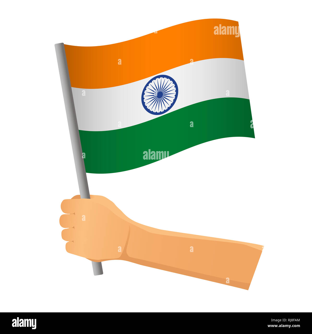 Bandiera dell'India in mano. Sfondo patriottico. Bandiera nazionale dell'India illustrazione Foto Stock