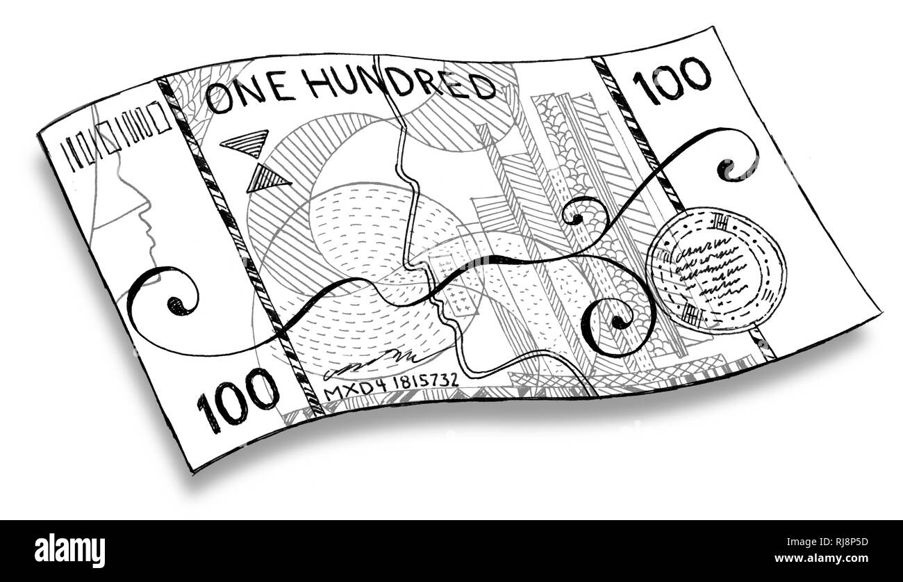 Illustrazione eines Fantasie-Geldscheins √ºber hundert W√§hrungseinheiten mit Mustern in schwarz-wei√ü Foto Stock