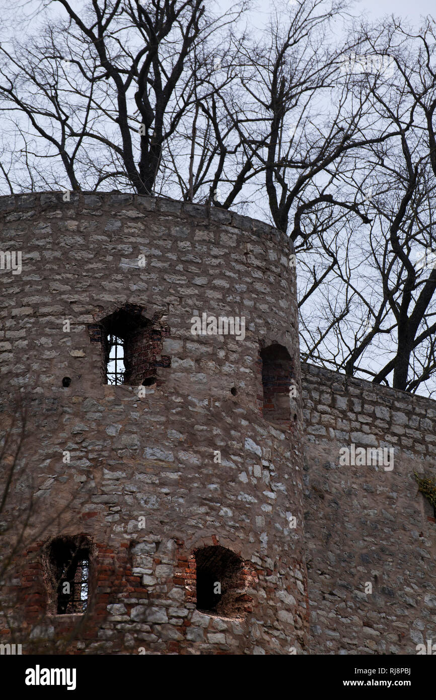 Turm in einer uralten Burganlage vor Bäumen kahlen [M] Foto Stock