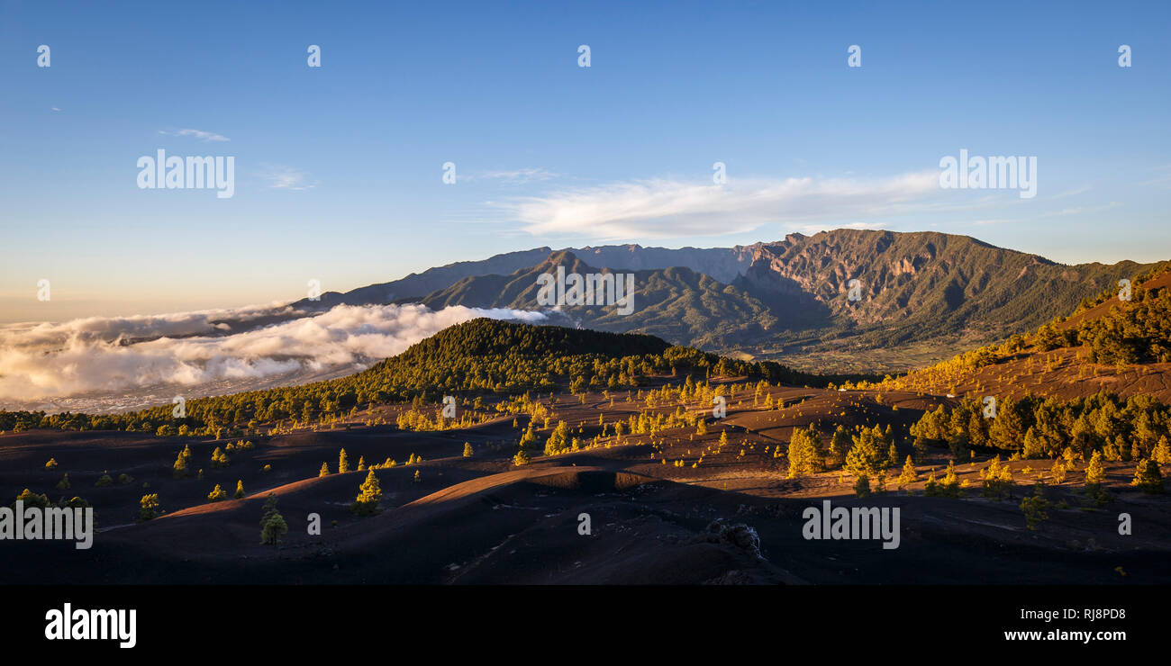 Die dunklen Lavasandflächen von Llano del Jable, hinten die de la Caldera de Taburiente, La Palma, Kanarische isole, Spanien, Abendaufnahme Foto Stock