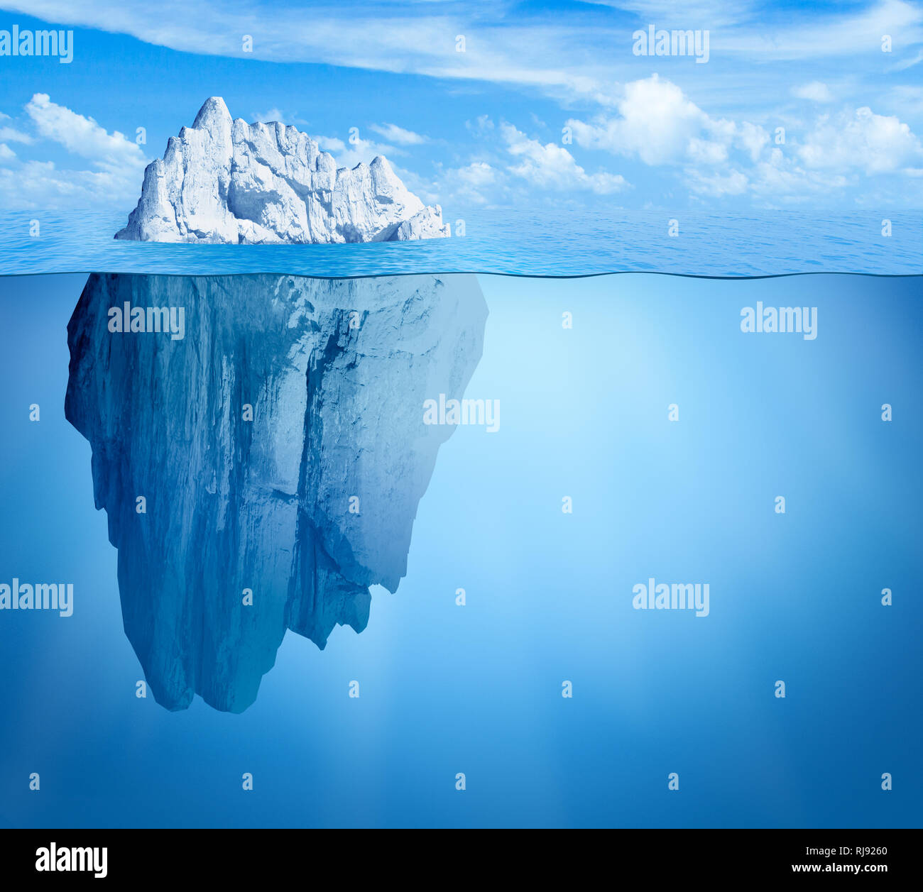 Iceberg in oceano. Nascosto concetto di minaccia. 3d'illustrazione. Foto Stock