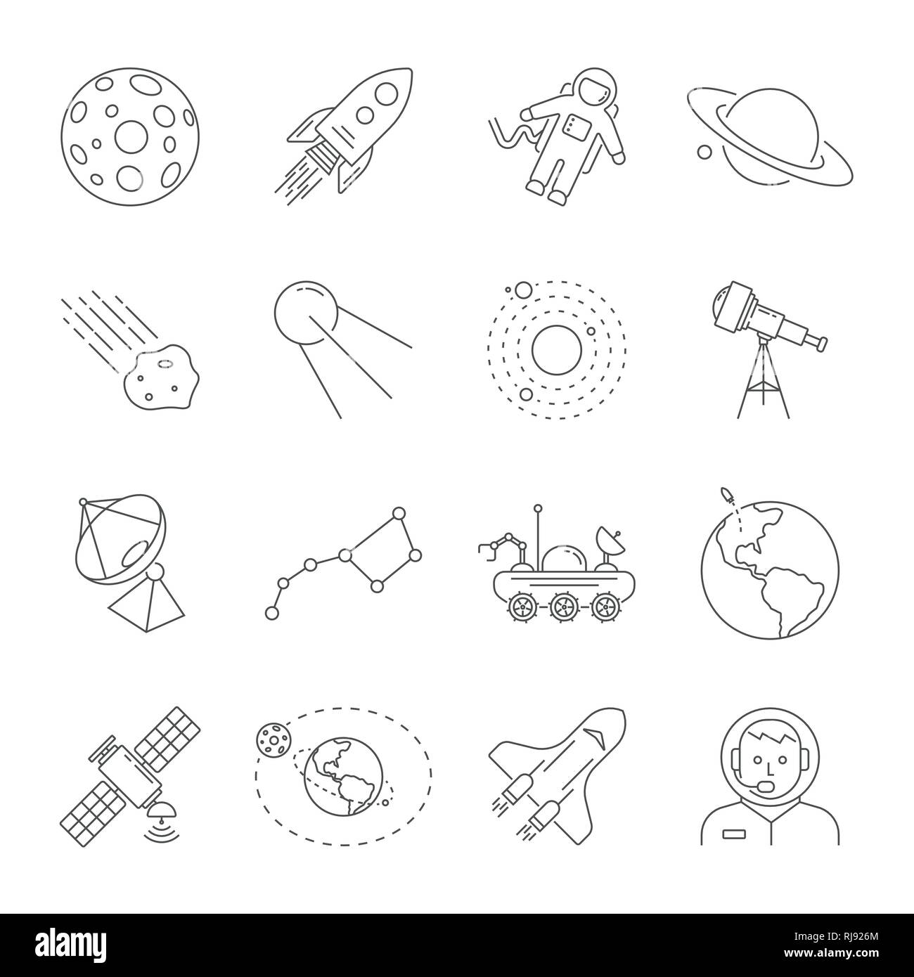 Astronomia e spazio di raccolta dei simboli. Linea sottile icone del tema dello spazio. Contiene le icone come Luna e Saturno, Terra, satellite, telescopio solare, Illustrazione Vettoriale
