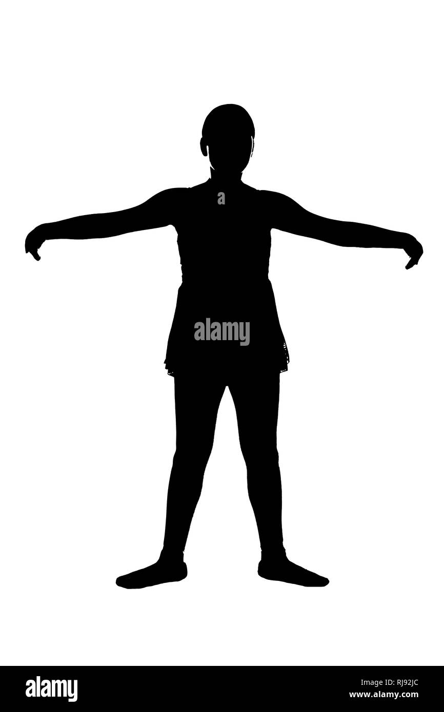 JPG di young teen femmina ballerina in rad ballet pone silhouette nera su sfondo bianco; secondo la seconda posizione dalla prospettiva dell insegnante Foto Stock