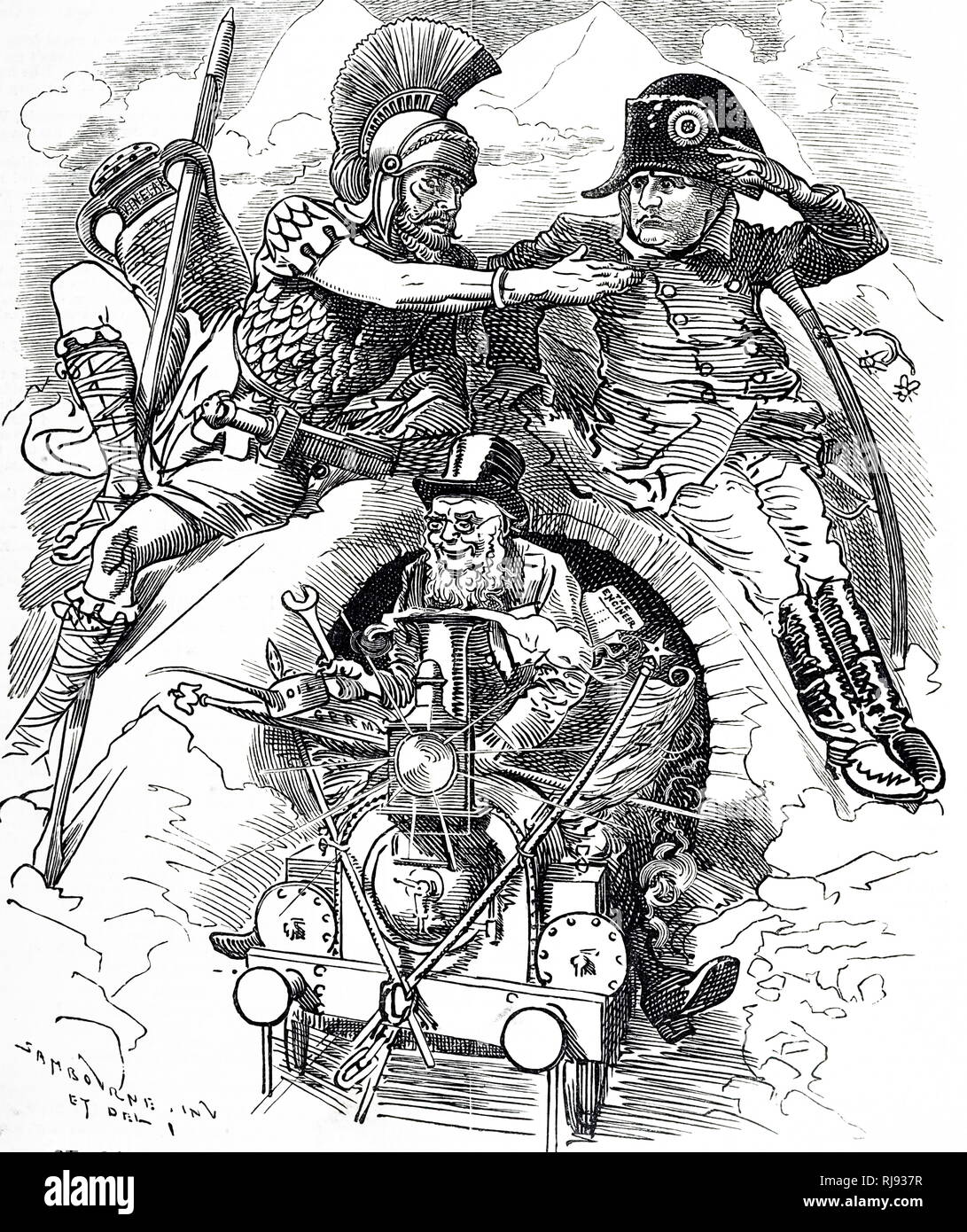 Un cartoon commentando l'apertura del Tunnel del San Gottardo che costituisce il vertice della linea ferroviaria del San Gottardo in Svizzera. Illustrato da Edward Linley Sambourne (1844-1910) un inglese un fumettista e illustratore. Datata del XIX secolo Foto Stock