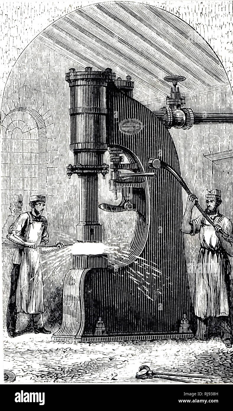 Una incisione raffigurante un Nasmyth martello a vapore in uso. Datata del XIX secolo Foto Stock