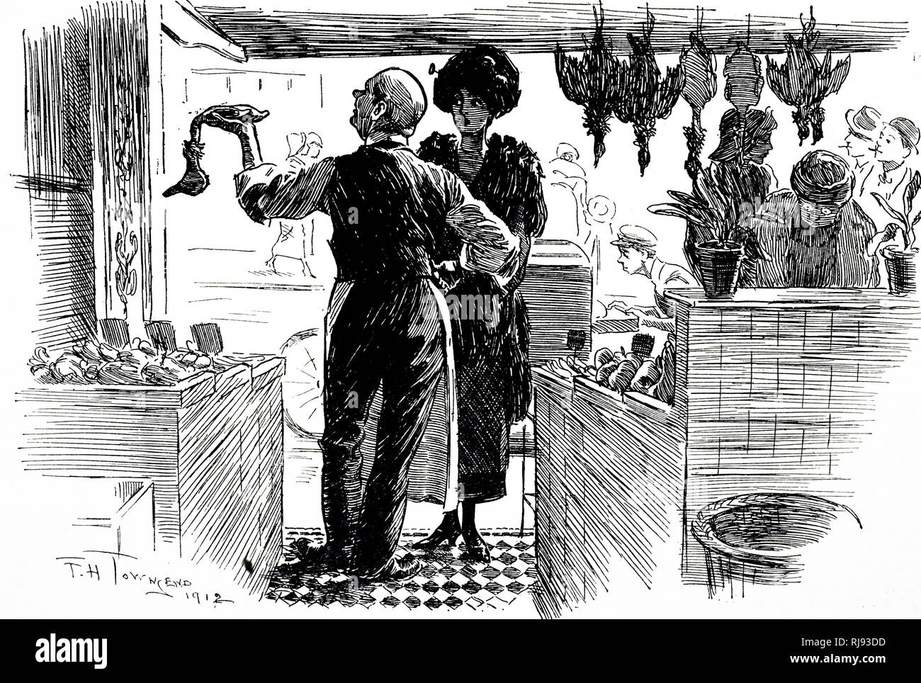 Un cartoon raffigurante una signora acquisto di pollame. In data xx secolo Foto Stock Un cartoon raffigurante una signora acquisto di pollame. In data xx secolo Foto Stock
