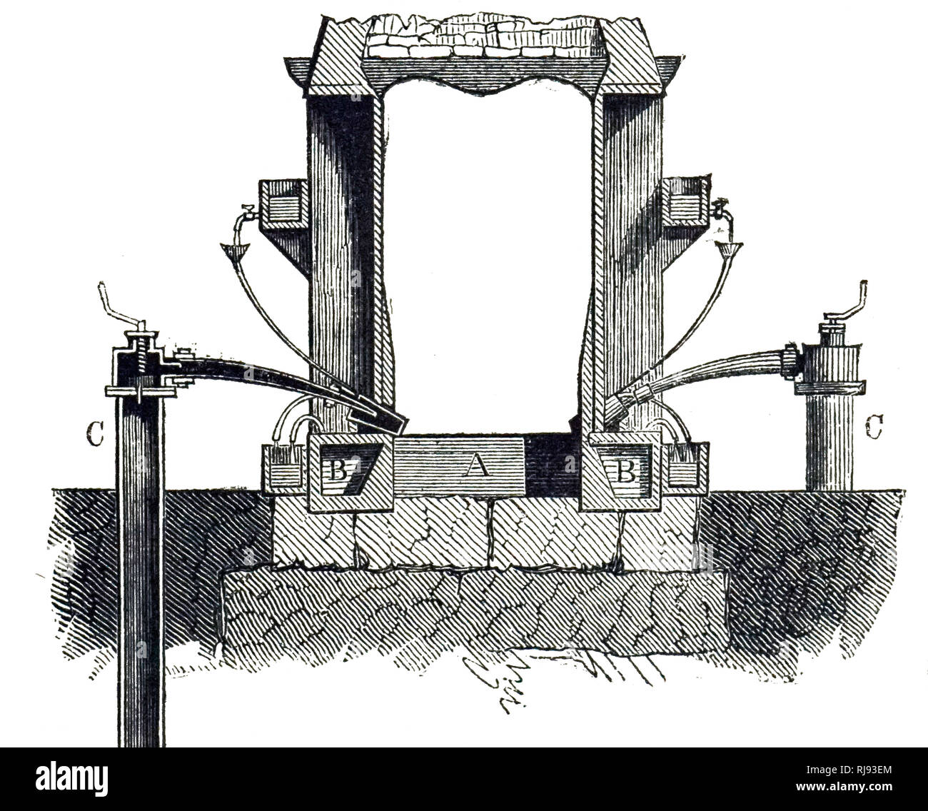 Un diagramma illustrante un raffinatezze forno utilizzato nella conversione di maiale in ferro malleabile o bar ferro: una vista in sezione della parte di fondo di un forno di ornamenti. La ghisa è stata collocata nella parte inferiore della suola, A, in cui il combustibile è bruciato. Un flusso costante di acqua (B) è stato fatto circolare intorno ai lati del forno di mantenere bassa la temperatura delle pareti, mentre un progetto forte è stata rivolta alla suola dalle tubiere 6, C, C. datata del XIX secolo Foto Stock