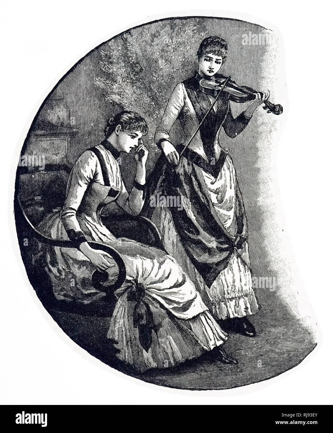 Una incisione raffigurante una giovane donna a suonare il violino. Datata del XIX secolo Foto Stock Una incisione raffigurante una giovane donna a suonare il violino. Datata del XIX secolo Foto Stock