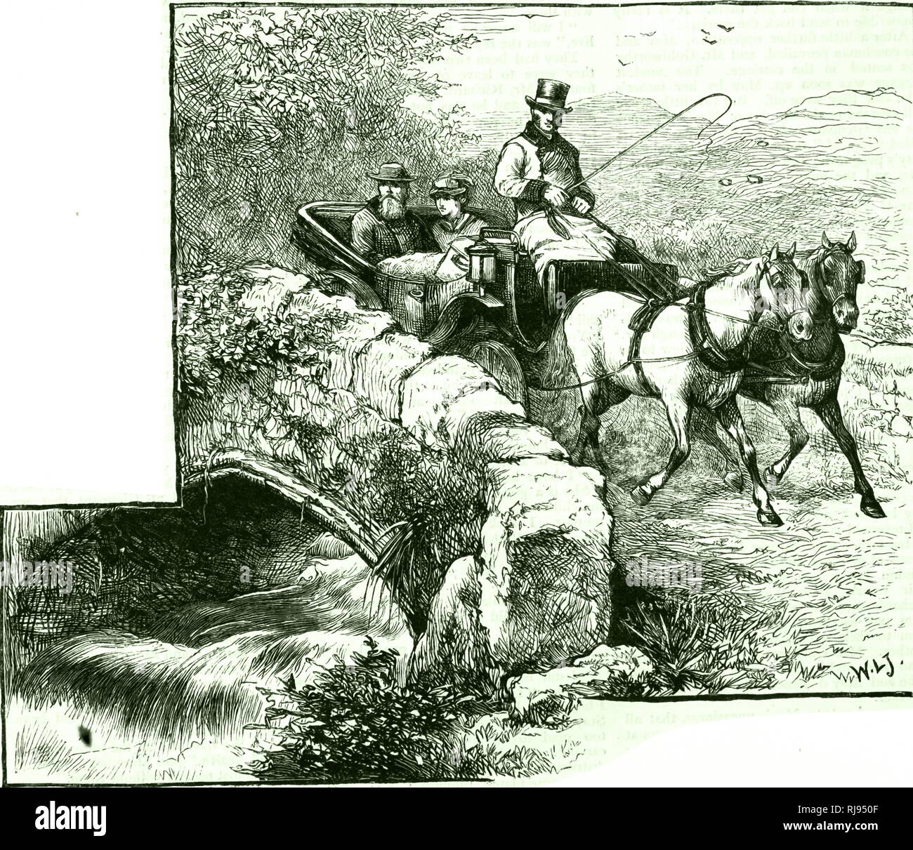 Una incisione raffigurante un padre e figlia che viaggiano attraverso la campagna in una carrozza trainata da cavalli. Datata del XIX secolo Foto Stock