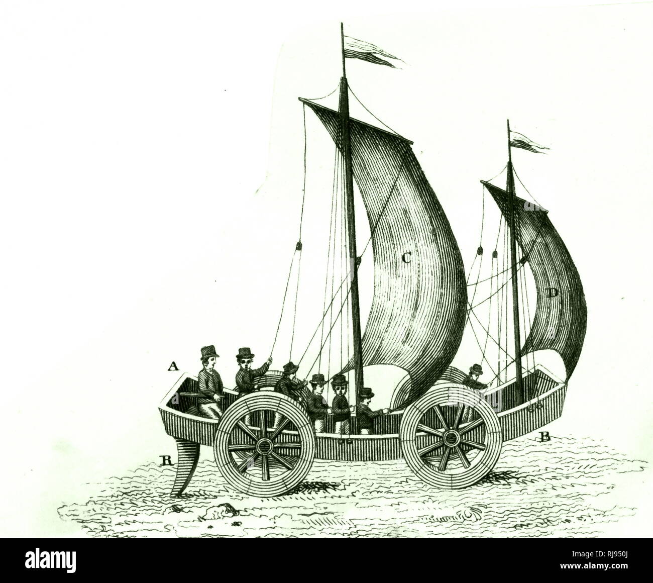 Una incisione raffigurante un carro del vento - R è il timone. Il passo doveva essere più ampio per una a cavallo il carro del la stessa dimensione per evitare il ribaltamento del veicolo. Datata del XIX secolo Foto Stock