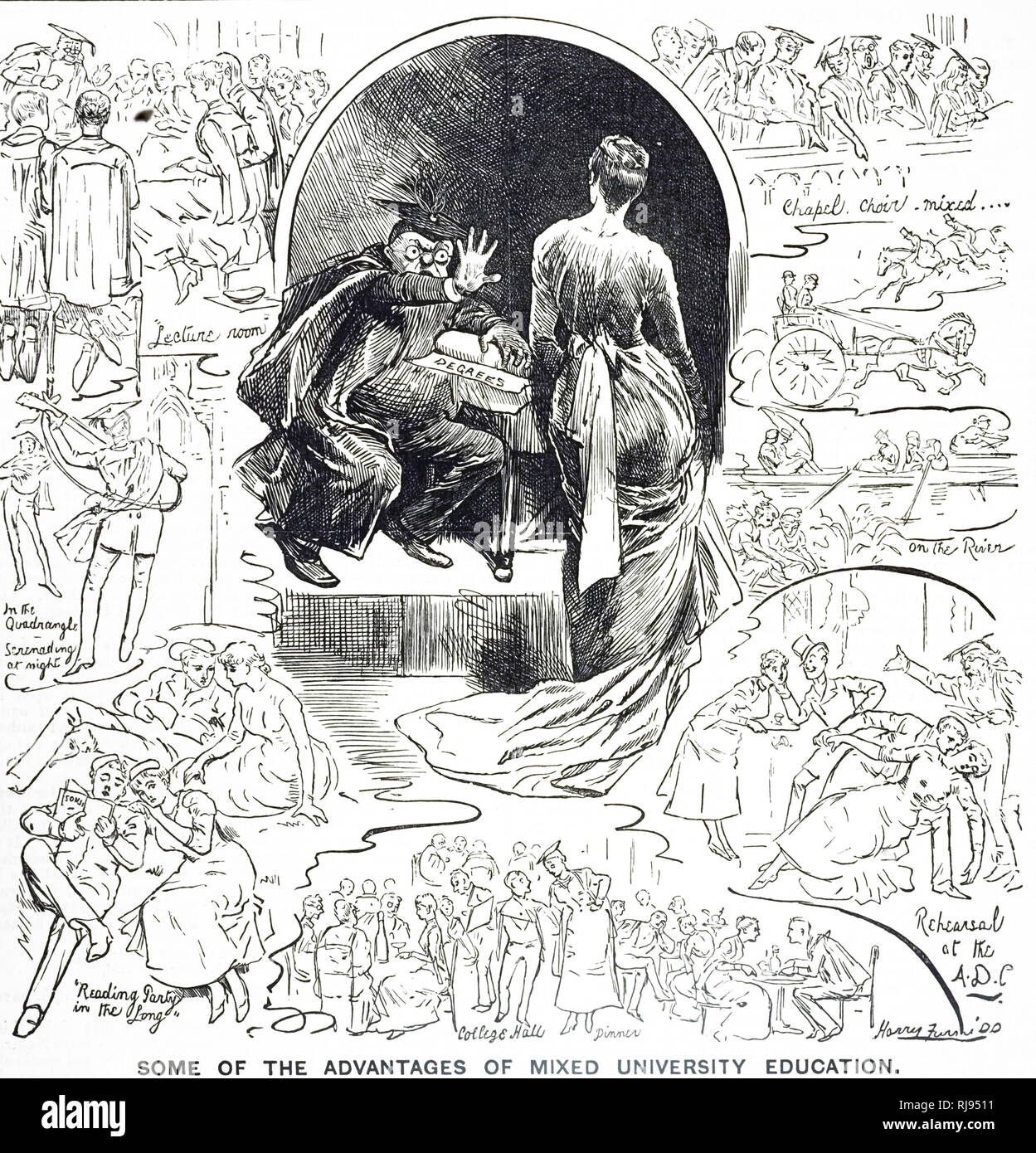 Un cartoon commentando le argomentazioni contro le donne all'Università di Cambridge. Datata del XIX secolo Foto Stock