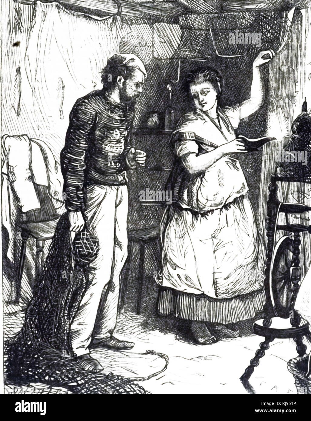 Una incisione raffigurante una donna tenendo una primitiva lampada a petrolio. Datata del XIX secolo Foto Stock