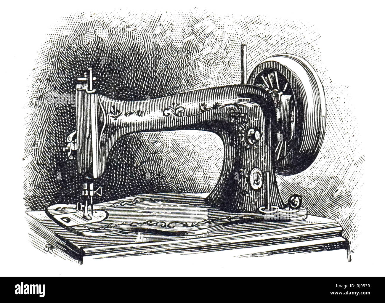 Una incisione raffigurante un comandato elettricamente macchina da cucire. Il motore è alloggiato nel volano. Datata del XIX secolo Foto Stock