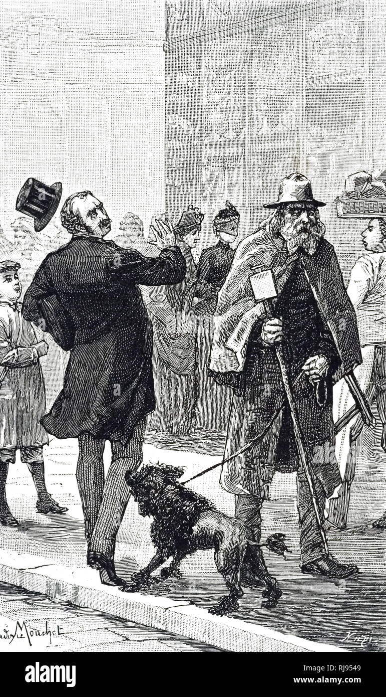 Una incisione raffigurante un uomo cieco a piedi attraverso una strada di Parigi come il suo cane morde la gamba di un uomo che cammina davanti a loro. Datata del XIX secolo Foto Stock