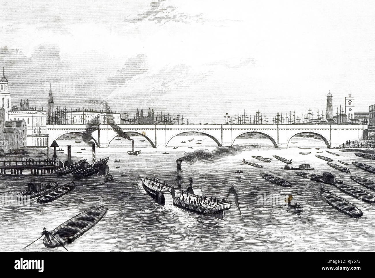 Una incisione raffigurante una vista del Ponte di Londra, che mostra il traffico della chiatte e battelli a ruota sul Fiume Tamigi. Datata del XIX secolo Foto Stock