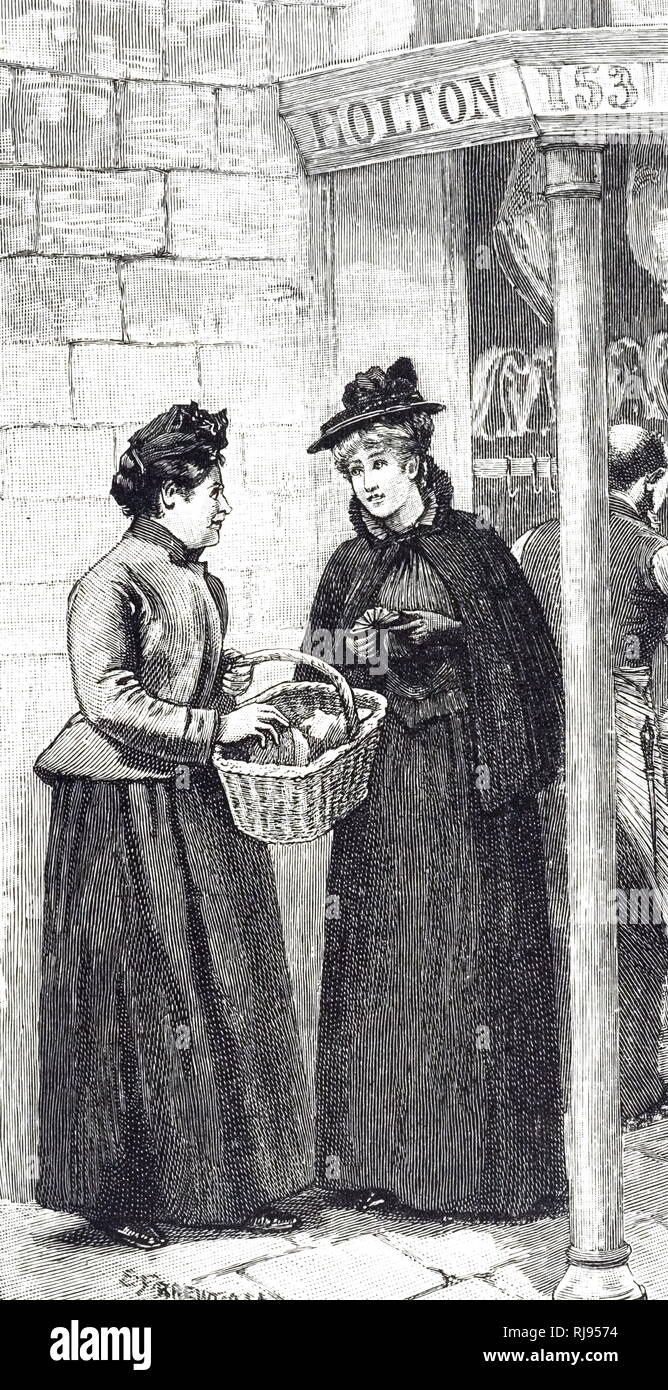 Una incisione raffigurante due donne riuniti al di fuori della macelleria. Datata del XIX secolo Foto Stock