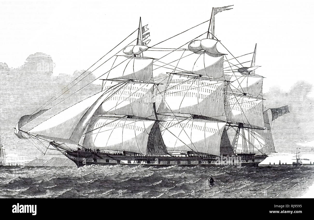 Una incisione raffigurante una stella bianca linea clipper ferro 'Tayleur' lanciato dalla Banca Quay Foundry Co's yard a Warrington sul fiume Mersey. Datata del XIX secolo Foto Stock