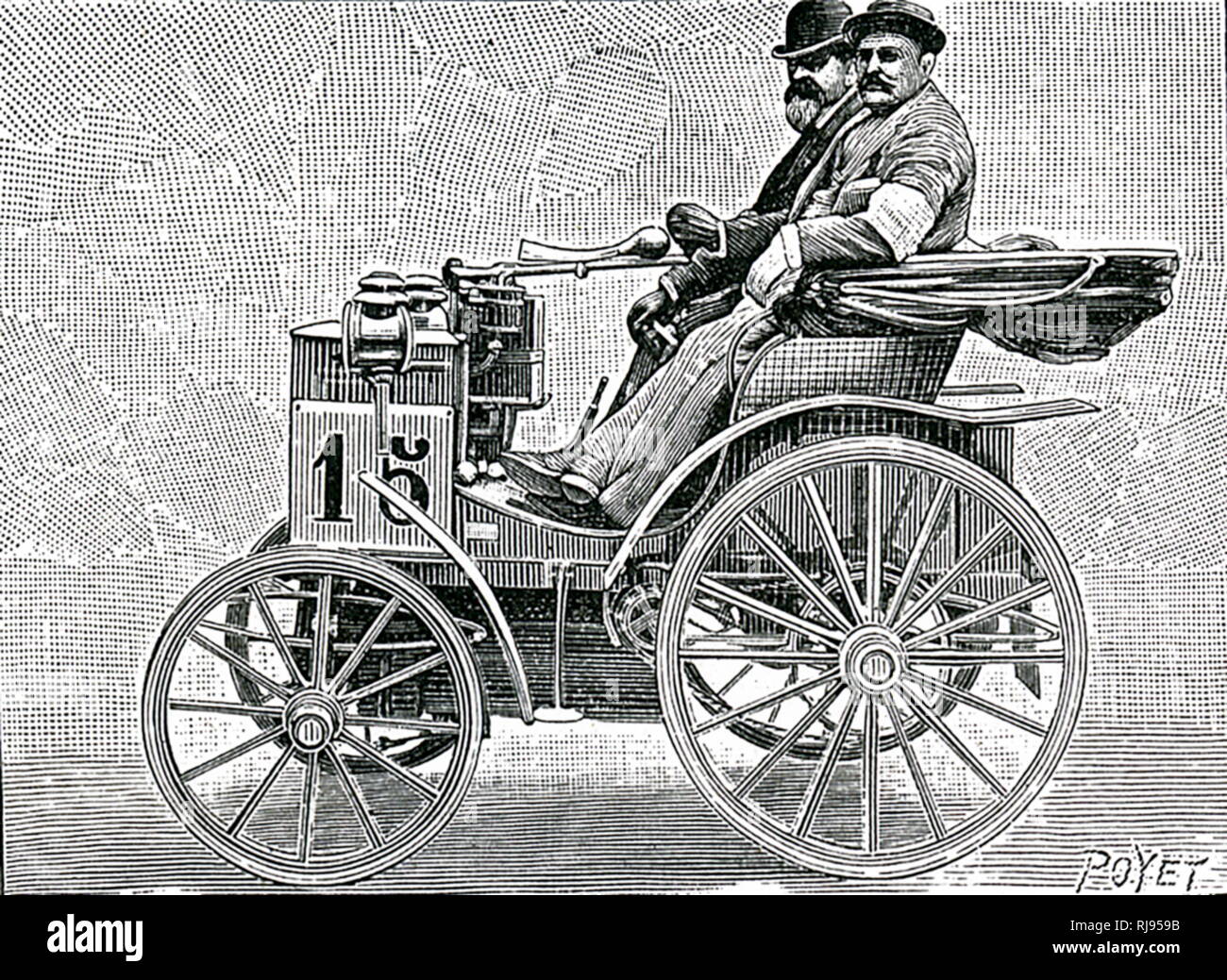 Una incisione raffigurante René Panhard & Emile LEVASSOR nel loro biposto di benzina in auto che hanno vinto la gara su strada sponsorizzato da Le Petit Journal. René Panhard (1841-1908) un ingegnere francese, mercante e un pioniere dell'industria automobilistica in Francia. Emile LEVASSOR (1843-1897) un ingegnere francese e pioniere nell'industria automobilistica e le auto da corsa in Francia. Datata del XIX secolo Foto Stock