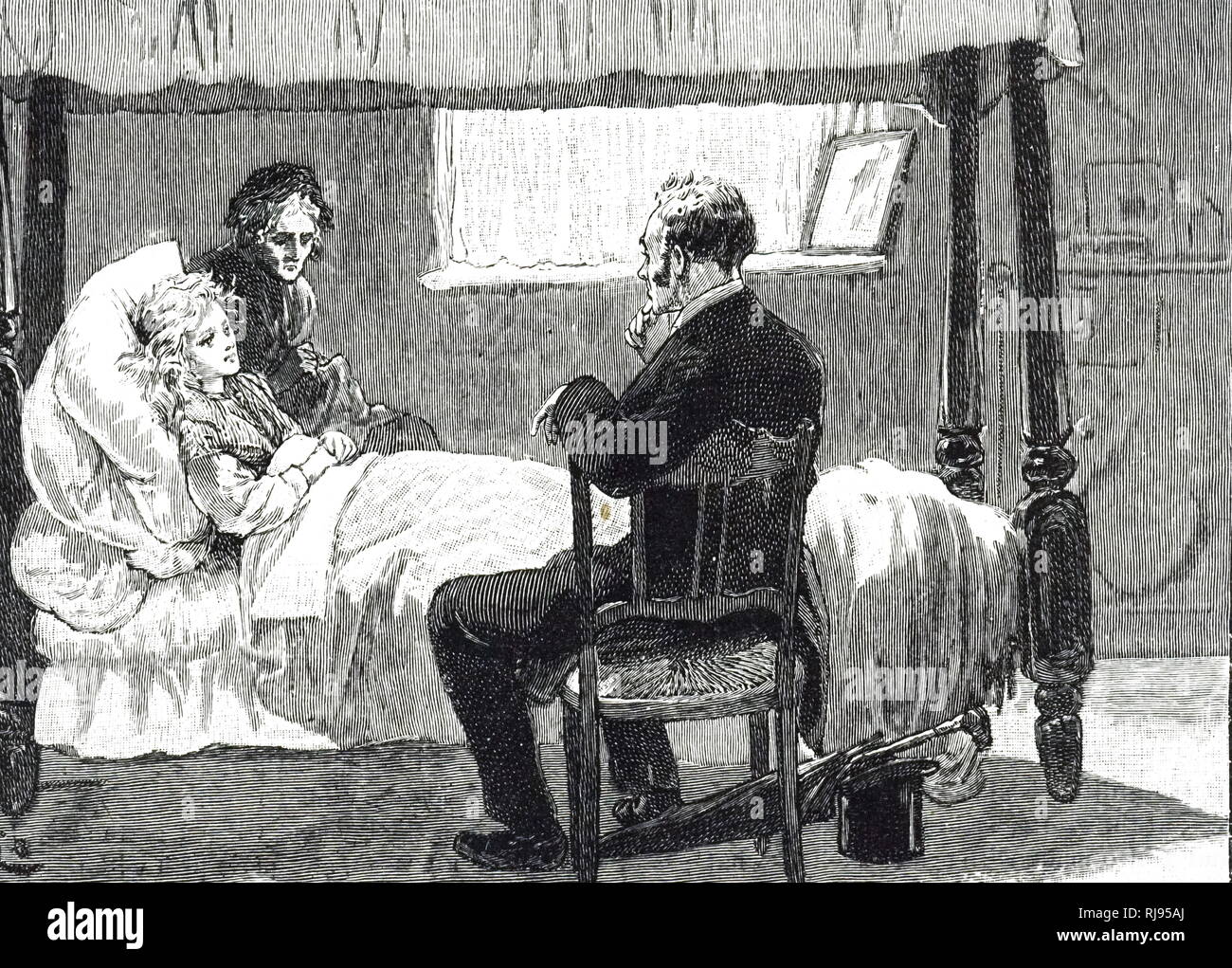 Una incisione raffigurante una donna malaticcio, più probabile sofferenza dal consumo, riposo a letto. Datata del XIX secolo Foto Stock