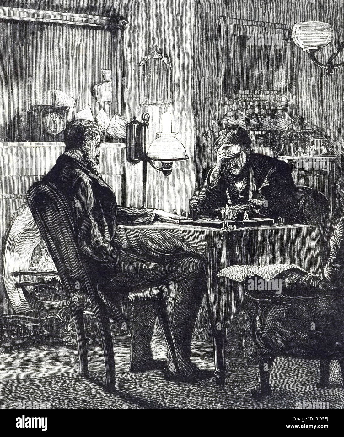 Una incisione raffigurante due uomini giocare a scacchi con la luce di una lampada ad olio. Datata del XIX secolo Foto Stock