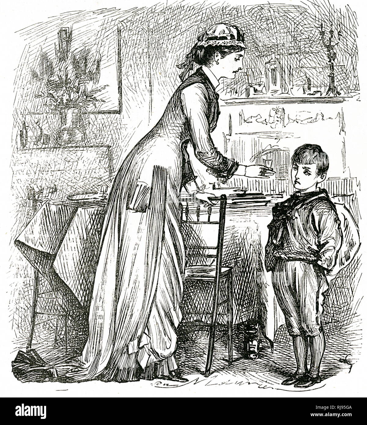 Un cartoon Raffigurante una madre sta tentando di ottenere il suo bambino di prendere la sua medicina. Illustrato da George du Maurier (1834-1896) un fumettista franco-britannica e l'autore. Datata del XIX secolo Foto Stock