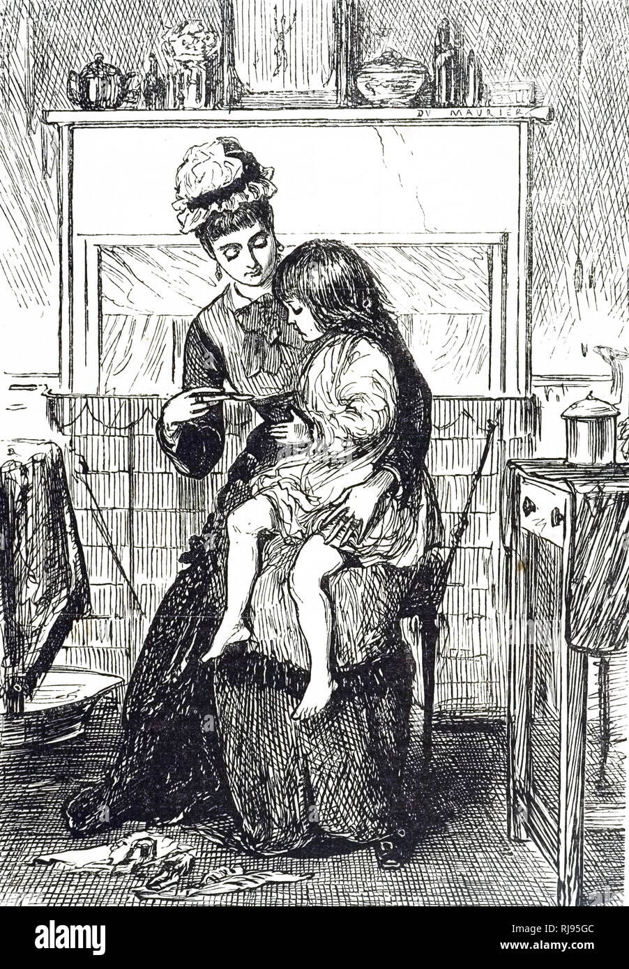 Un cartoon Raffigurante una madre sta tentando di ottenere il suo bambino di prendere la sua medicina. Illustrato da George du Maurier (1834-1896) un fumettista franco-britannica e l'autore. Datata del XIX secolo Foto Stock