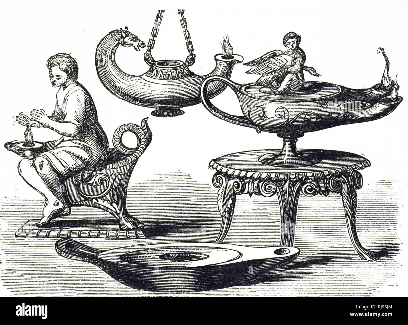 Una incisione raffigurante romano decorativi lampade ad olio. Datata del XIX secolo Foto Stock