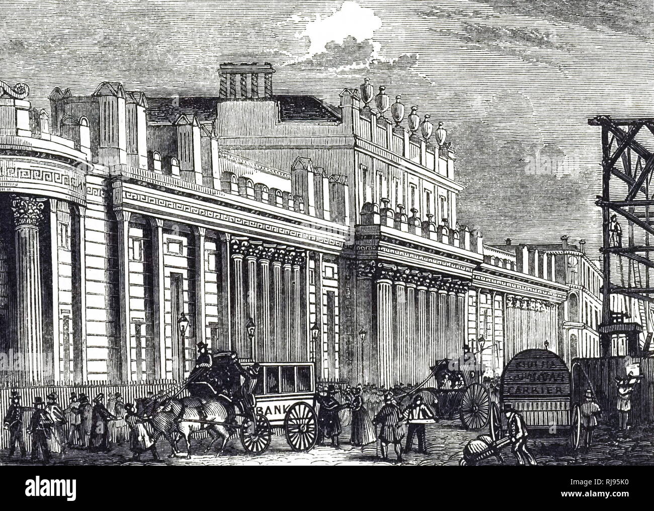 Una incisione raffigurante carrozze trainate da cavalli al di fuori della Banca di Inghilterra, Threadneedle St, Londra. Datata del XIX secolo Foto Stock