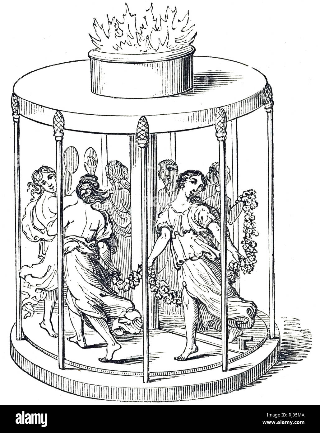 Illustrazione che mostra dell eroe Aeolipile. 1835. Hero ha pubblicato una descrizione di una steam-powered dispositivo chiamato un aeolipile (l'eroe motore). Erone di Alessandria (c. 10 annuncio - c. 70 AD); matematico e ingegnere che era attivo nella sua città natale di Alessandria d'Egitto romano. Egli è considerato il più grande sperimentatore di antichità. Foto Stock