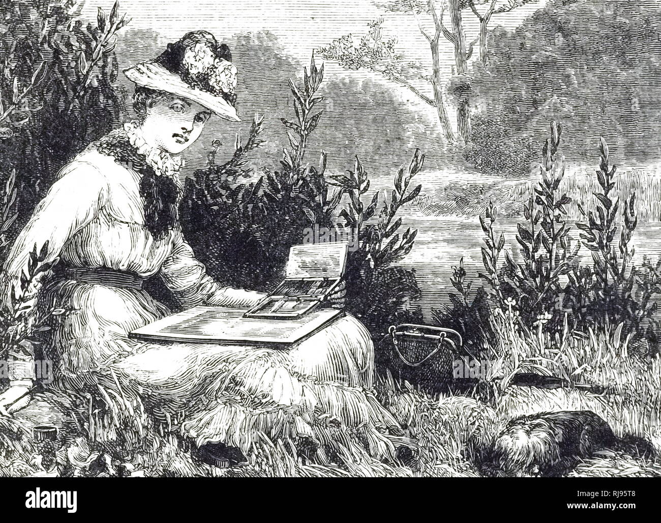 Una incisione raffigurante una donna giovane schizzi dalla natura. Datata del XIX secolo Foto Stock Una incisione raffigurante una donna giovane schizzi dalla natura. Datata del XIX secolo Foto Stock