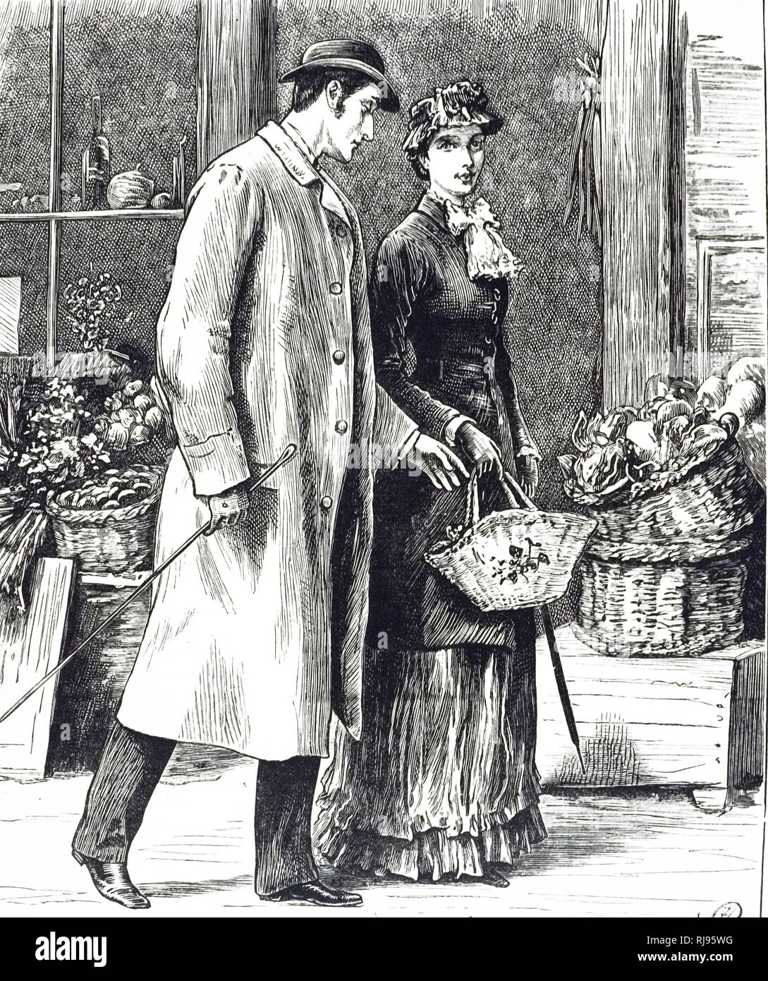 Una incisione raffigurante un gentiluomo assistere una femmina che ha appena incontrato con il suo shopping. Illustrato da Frank Dadd (1851-1929) un pittore inglese. Datata del XIX secolo Foto Stock