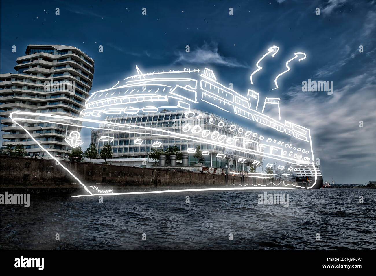 Lichtzeichnung eines Kreuzfahrtschiffs im Stadthafen bei Nacht, Foto Stock