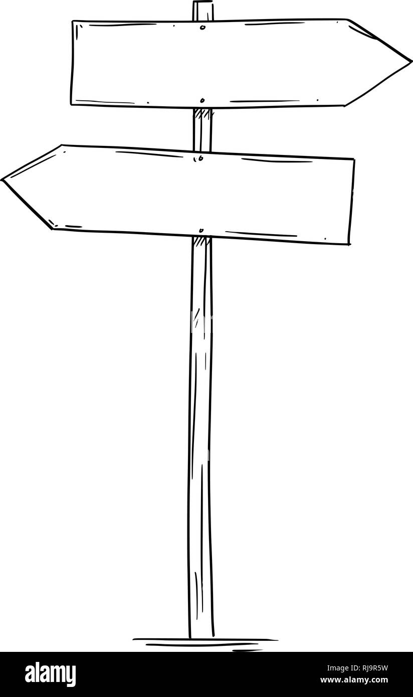Disegno del vuoto vecchia strada di legno due direzioni segno di freccia Illustrazione Vettoriale