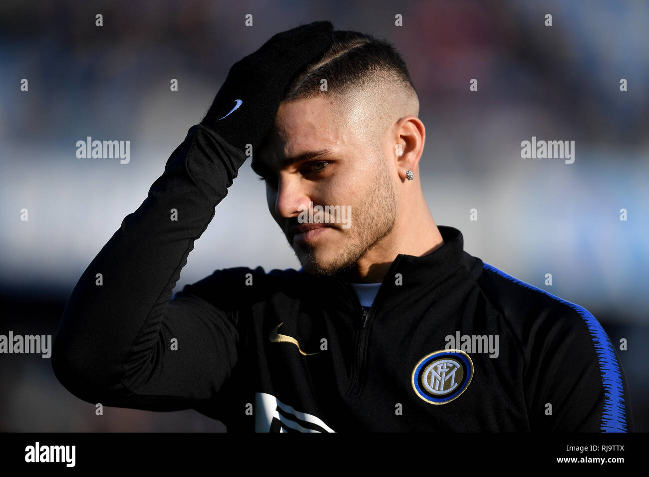 Mauro Icardi di internazionale durante il warm up che anticipa la Serie 2018/2019 una partita di calcio tra Empoli e internazionale allo stadio Castellani, E Foto Stock