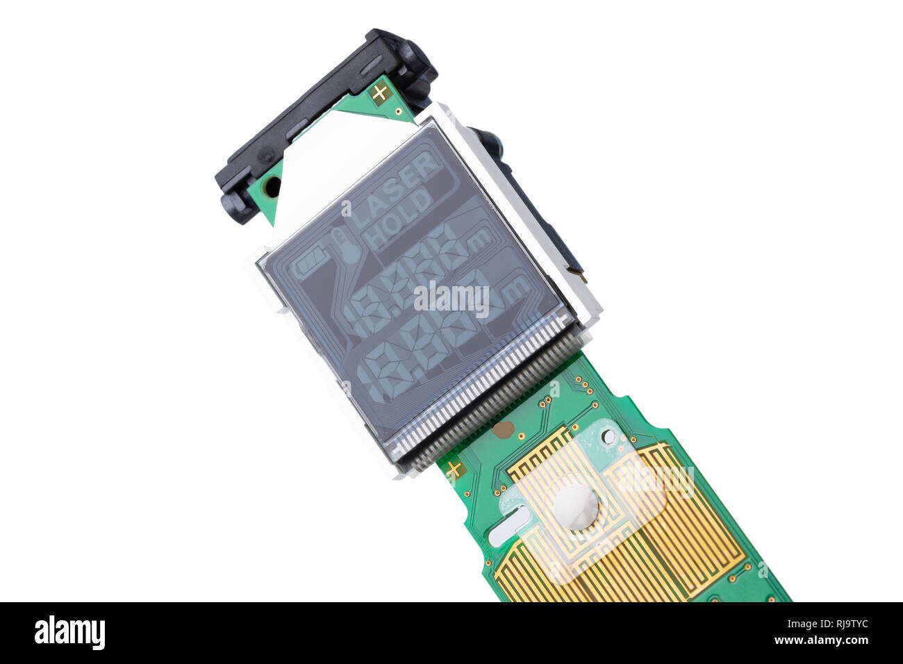 Indicatore LCD del telemetro laser su una scheda a circuito stampato. Isolato su sfondo bianco Foto Stock