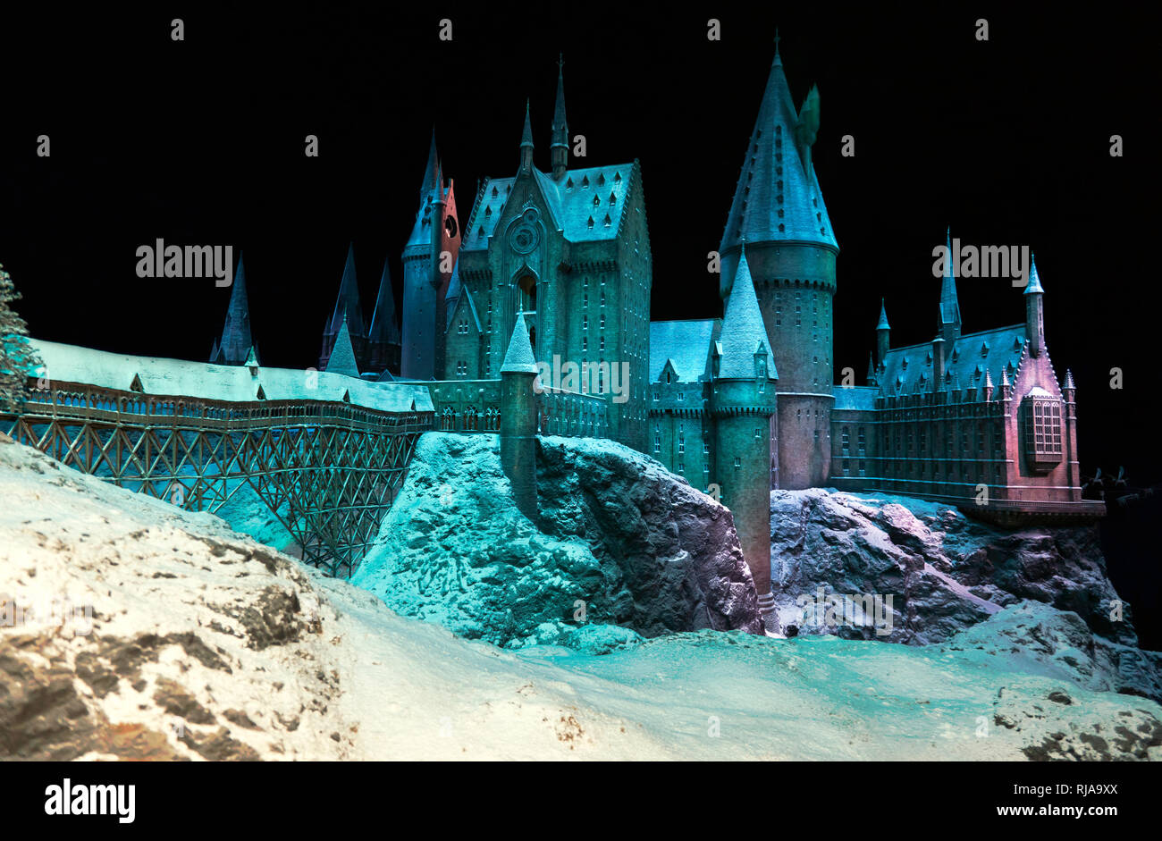 La scuola di Hogwarts nella neve, Warner Brothers Studio Tour, Leavesdon Foto Stock