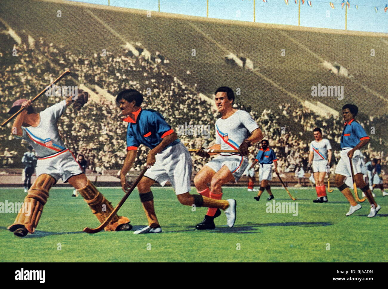 Fotografia di India giocando contro gli Stati Uniti nel campo di hockey durante il 1932 giochi olimpici. L'India ha l'oro in caso mentre gli Stati Uniti d'America ha preso il bronzo. Foto Stock