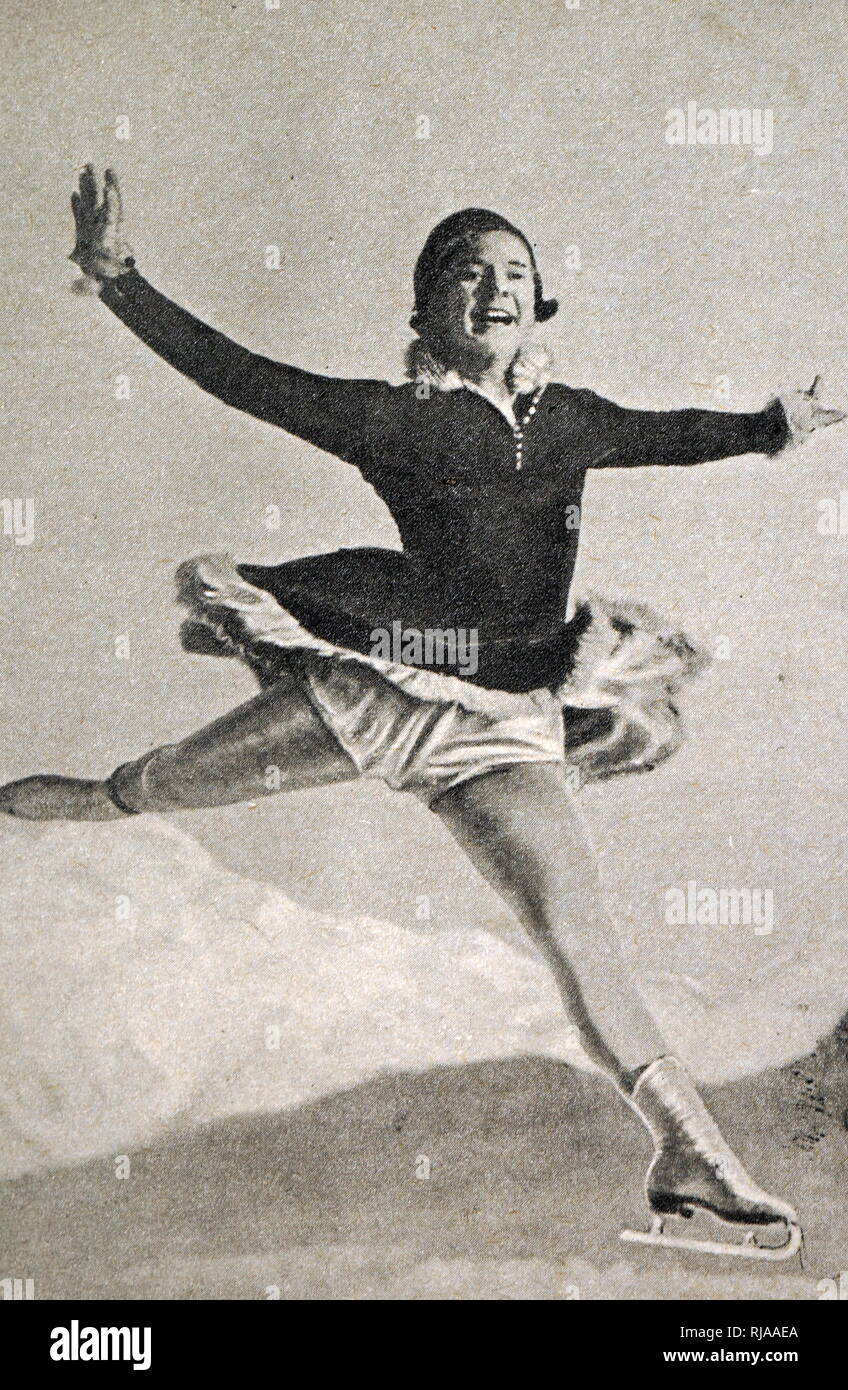 Fotografia di Sonja Henie (1912 - 1969) a 1932 Giochi Olimpici Invernali. Sonja era un norvegese figura skater e ha vinto l'oro nel Signore single. Foto Stock