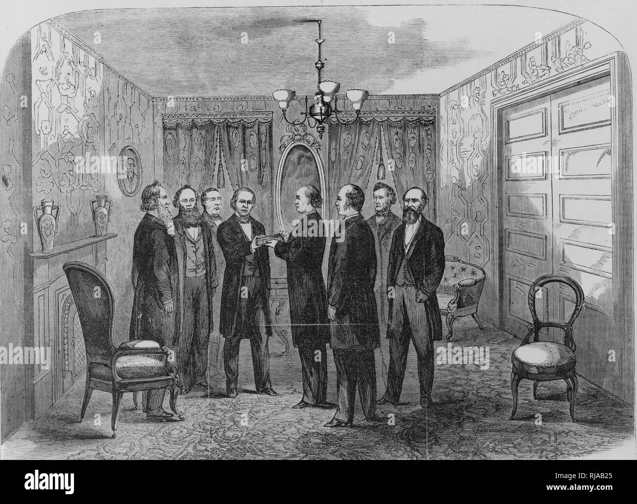 Andrew Johnson tenendo il giuramento nel piccolo salottino della Kirkwood House Hotel, Washington, 1865 Foto Stock