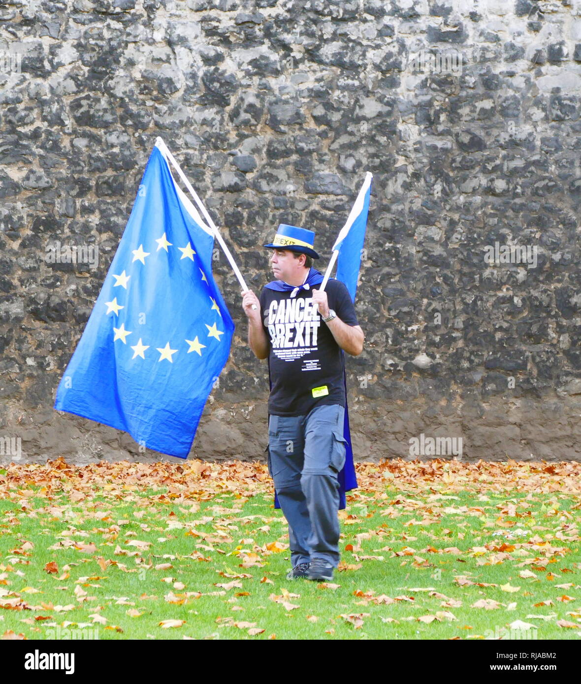 Manifestante solitario portando Unione europea bandiere di fronte al parlamento britannico, proteste contro il voto Brexit dopo il 2016 un referendum in cui il Regno Unito ha votato a lasciare l'UE. Foto Stock