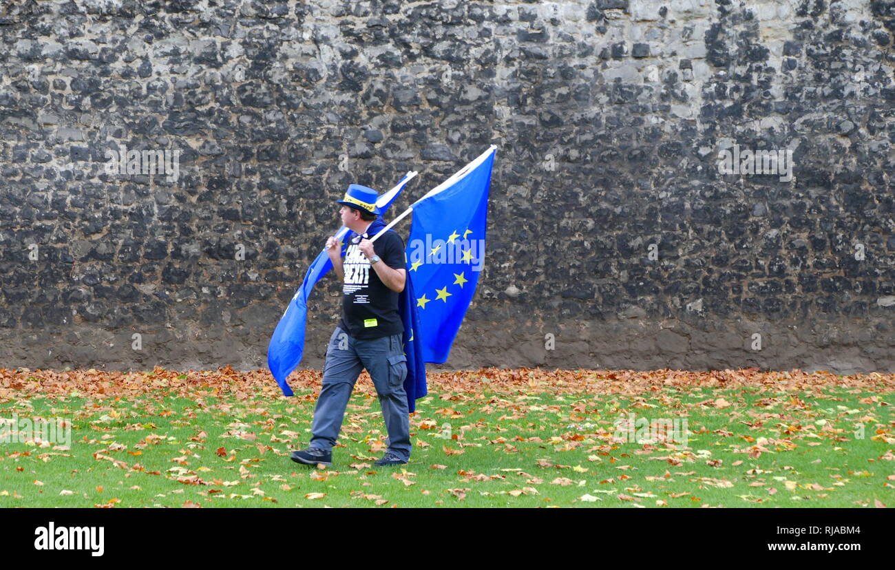 Manifestante solitario portando Unione europea bandiere di fronte al parlamento britannico, proteste contro il voto Brexit dopo il 2016 un referendum in cui il Regno Unito ha votato a lasciare l'UE. Foto Stock