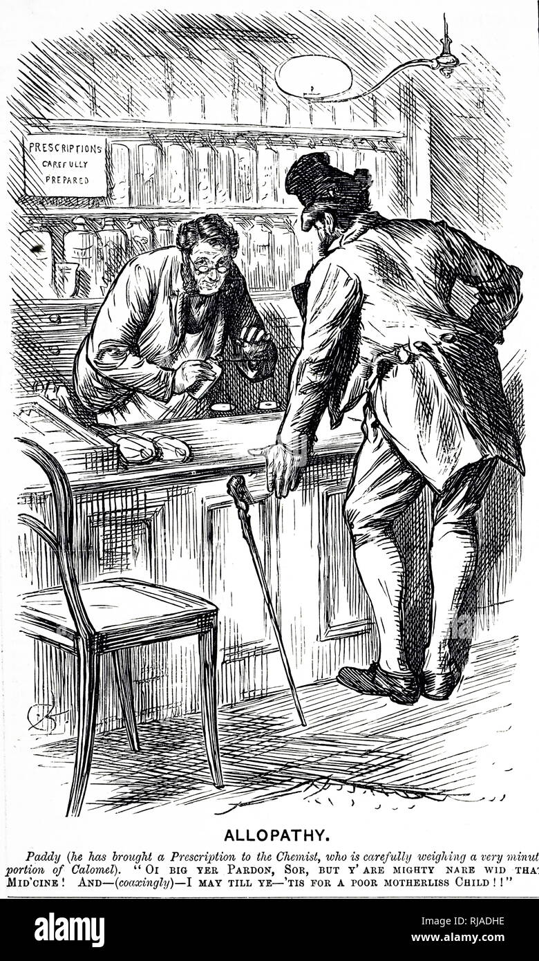 Un cartone animato raffigurante un farmacista che compongono una prescrizione. Datata del XIX secolo Foto Stock