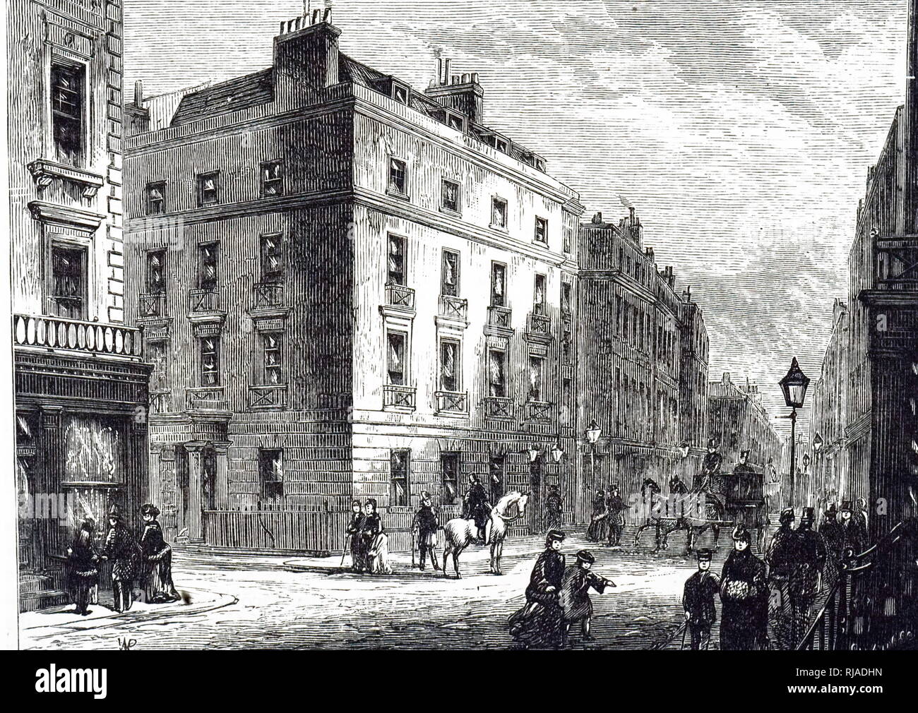 Una incisione raffigurante la parte esterna di lunga's Hotel, Bond Street, Londra. Datata del XIX secolo Foto Stock