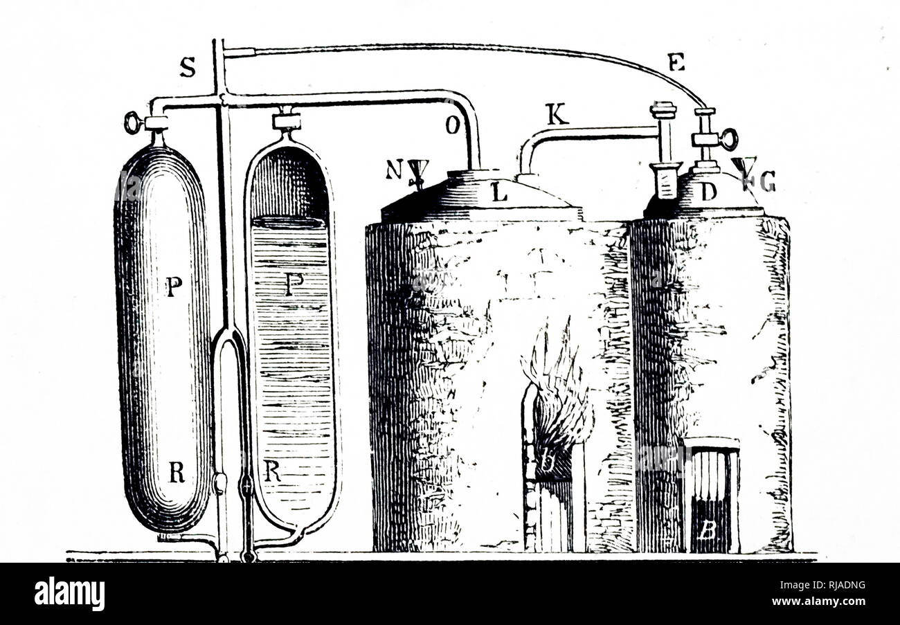 Una incisione raffigurante Thomas Savary il motore a vapore del 1699 per il pompaggio di acqua dalle miniere. Doppio forno (a destra) con caldaie, il cui vapore passa a cilindri (P, P). Si è successivamente raffreddati, che provoca un vuoto parziale nella P, P che aspira acqua attraverso il tubo, M. Thomas Savary (1650-1715) un inglese un inventore e ingegnere. Datata del XIX secolo Foto Stock