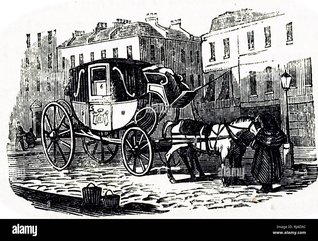 Una incisione raffigurante un Hackney coach - un pullman a noleggio. Datata del XIX secolo Foto Stock