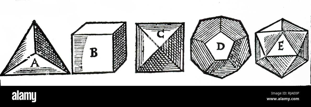 Una xilografia incisione raffigurante cinque regolari di solidi geometrici. Risalenti al XVII secolo Foto Stock